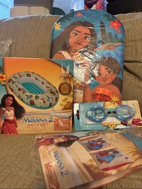 Moana 2 Kids Blue Swim Kickboard, Jr Raft, Goggles and arm floaties Set